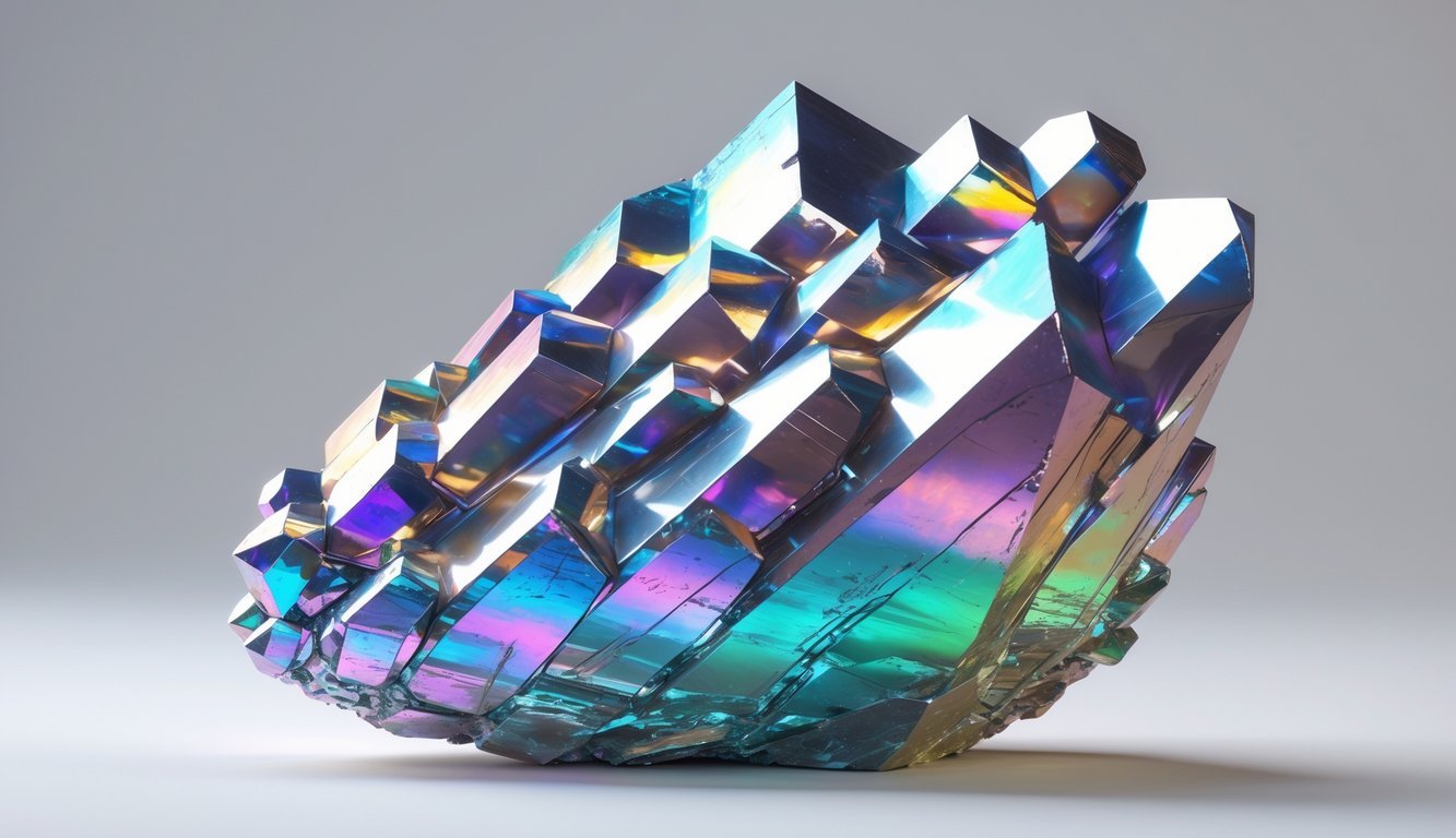 A detailed illustration of a colorful bismuth crystal with geometric, stair-step formations on a plain background.