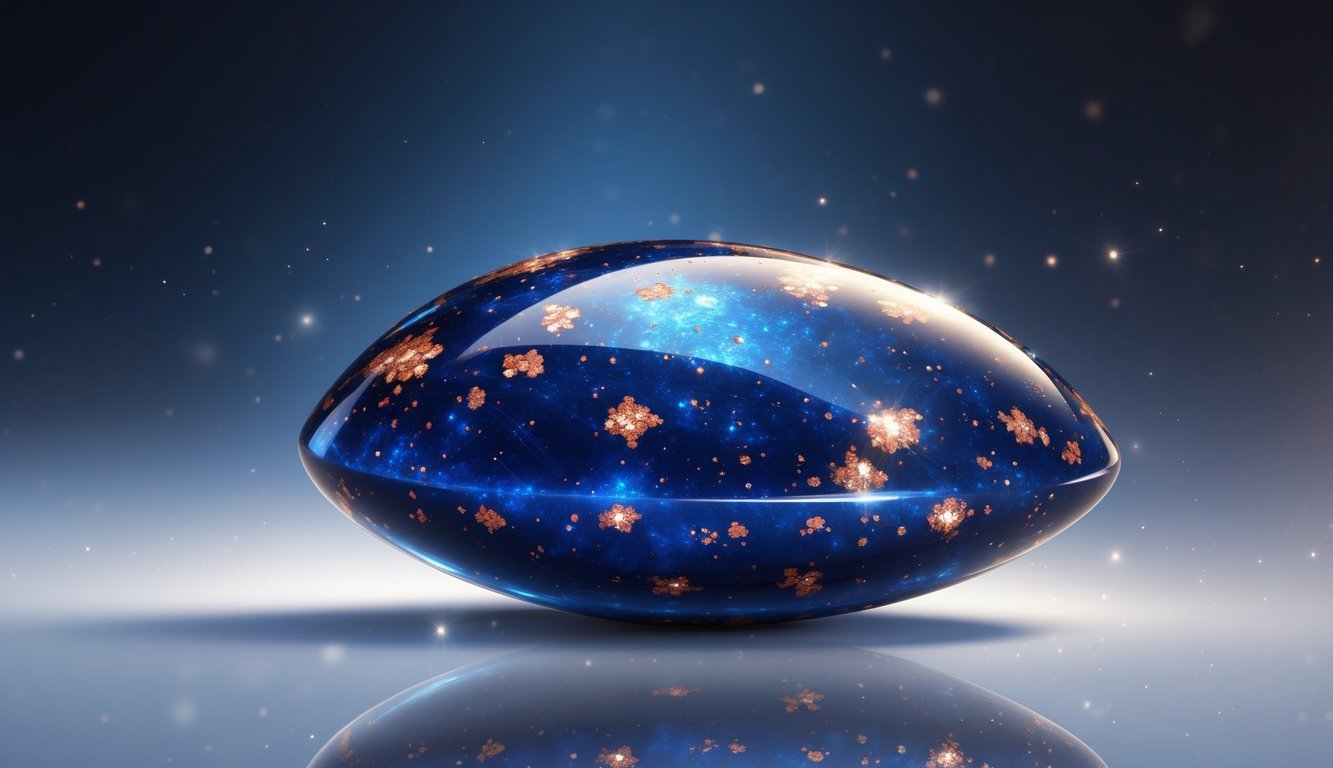A polished deep blue gemstone with sparkling copper flecks resting on a reflective surface.