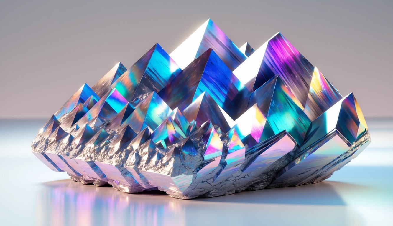 A detailed illustration of a colorful bismuth crystal with geometric, stair-step shapes and iridescent metallic colors.