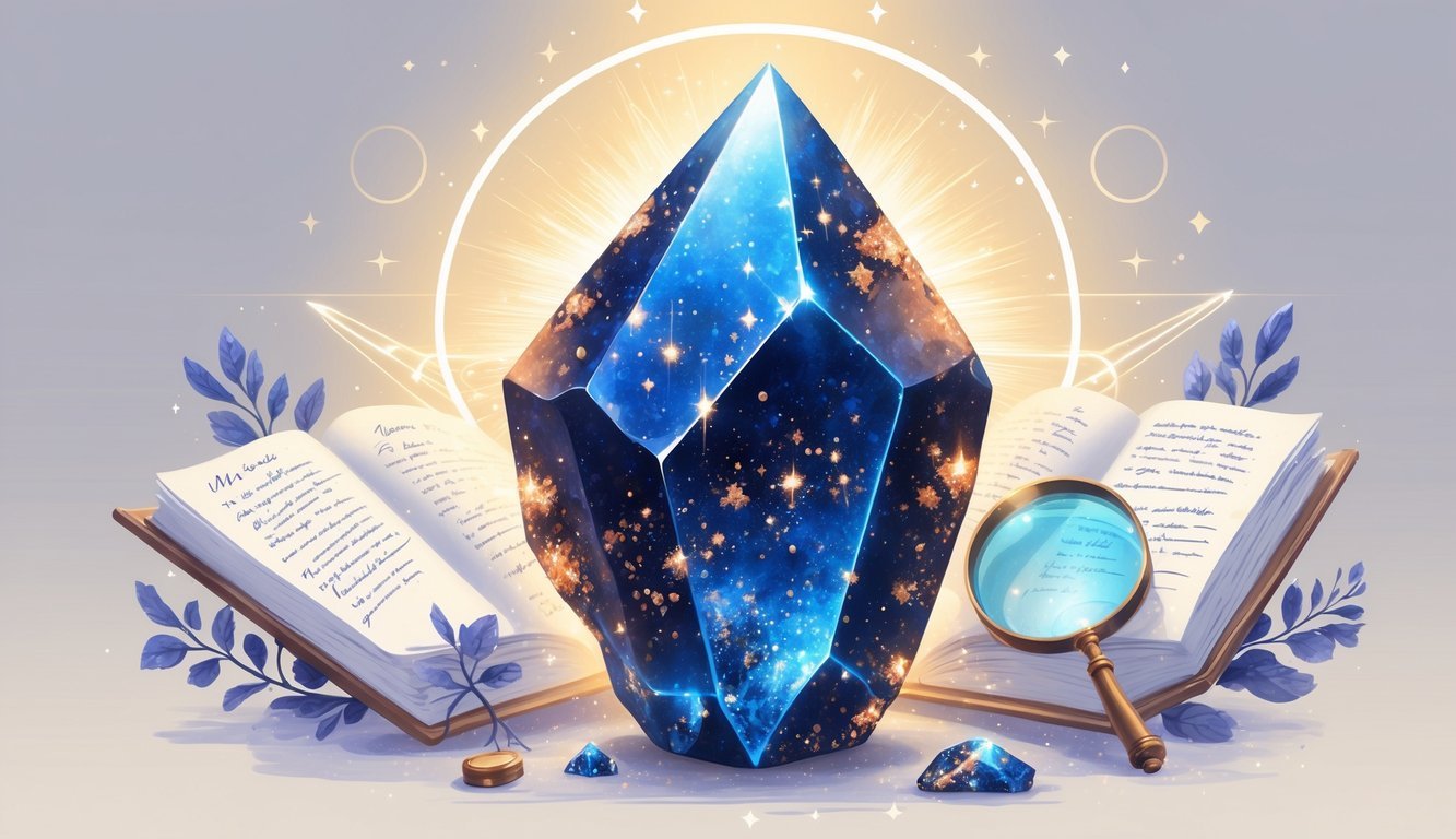 A blue goldstone crystal with sparkling copper flecks surrounded by symbols of energy and practical objects like a book and magnifying glass on a wooden surface.