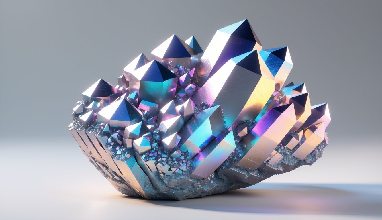 A detailed illustration of a colorful bismuth crystal with geometric, spiral shapes and metallic iridescent surfaces on a plain light background.
