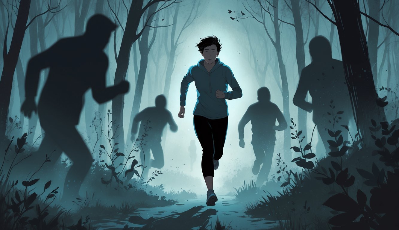 A person running through a misty forest with shadowy figures in the background, conveying the feeling of being chased.
