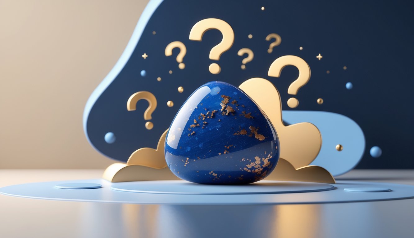 A polished deep blue gemstone with sparkling copper flecks surrounded by abstract question mark shapes on a dark blue and gold gradient background.