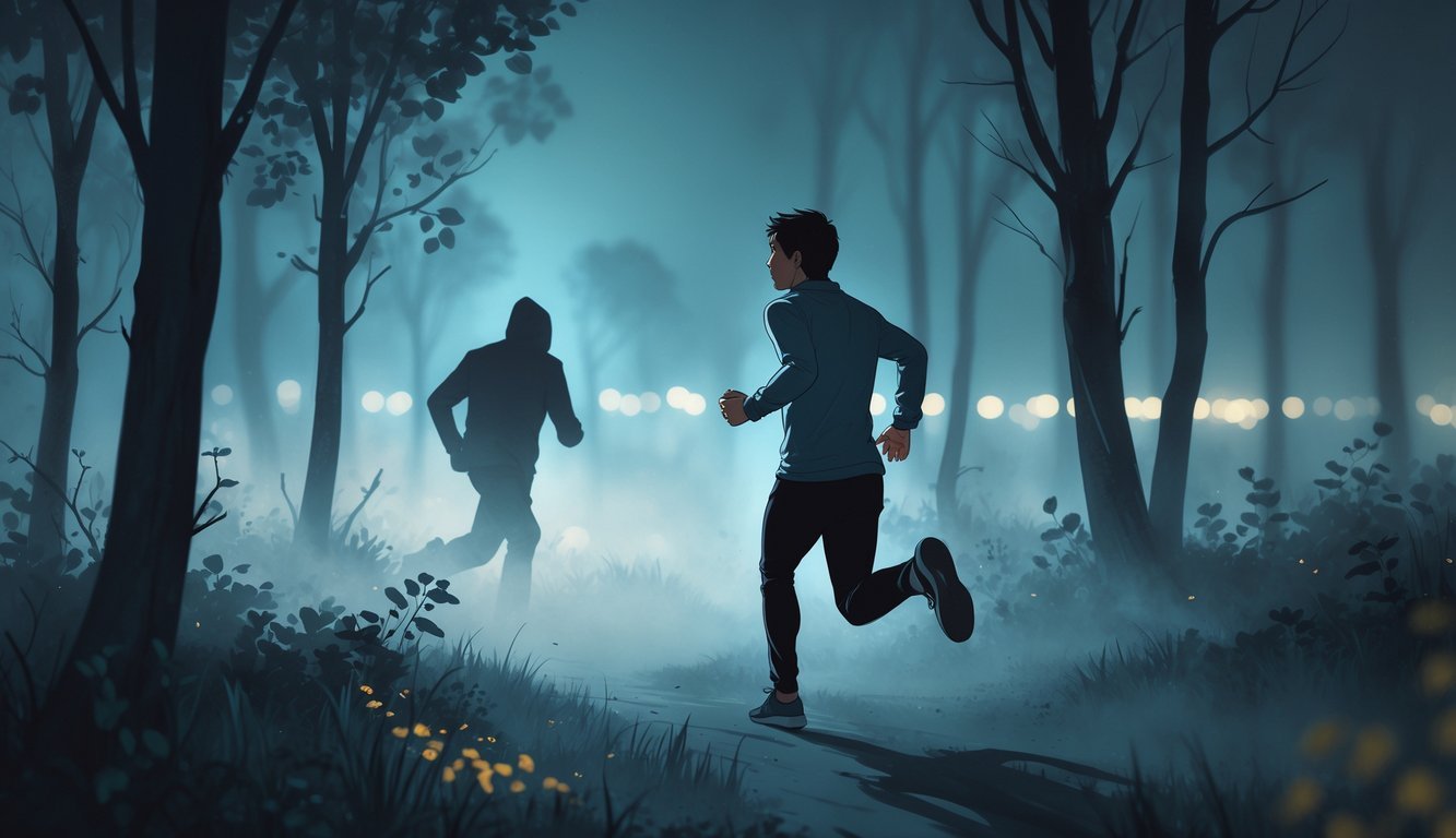 A person running through a foggy forest at night, looking back at a shadowy figure chasing them.
