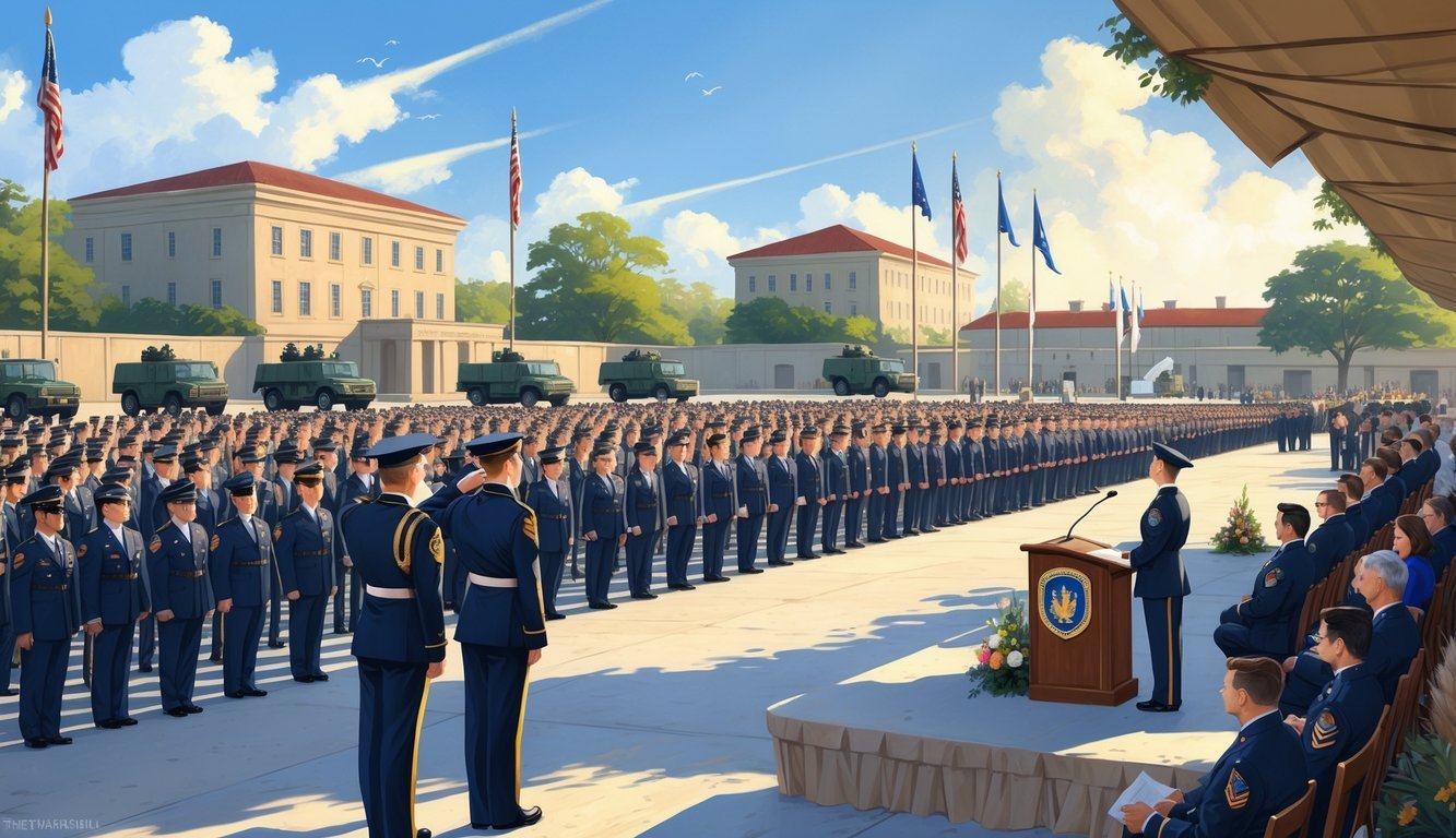 A military graduation ceremony at Fort Sill with uniformed graduates standing in formation, officers saluting, and guests watching near historic buildings under a clear sky.