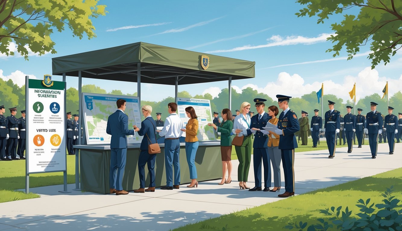 Visitors receiving information and guidance at an outdoor military graduation event with soldiers marching in the background.