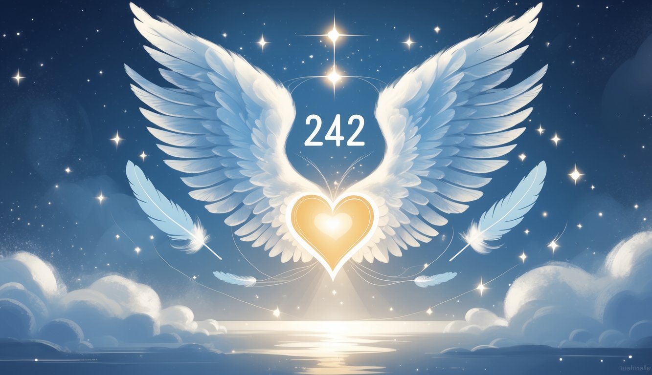 A glowing heart surrounded by angel wings with soft light, feathers, and stars in a calm celestial background.