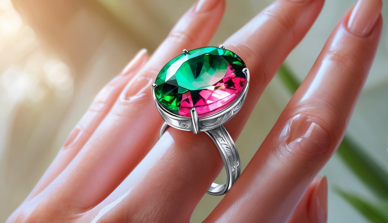 A close-up of a hand wearing a ring with a green and pink watermelon tourmaline gemstone set in a silver band.