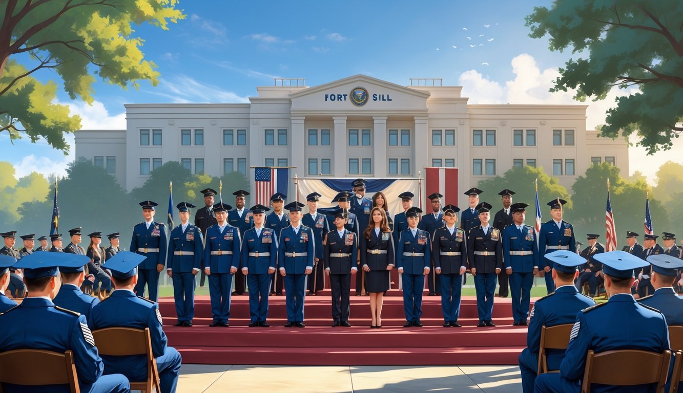 Military graduates in formal uniforms standing on a stage at a Fort Sill graduation ceremony with an audience watching.