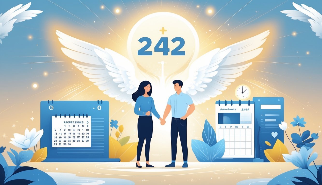 A harmonious couple holding hands, a confident person near a modern office, and elements like a calendar and blooming flowers, all under soft glowing light with subtle angelic symbols in the background.