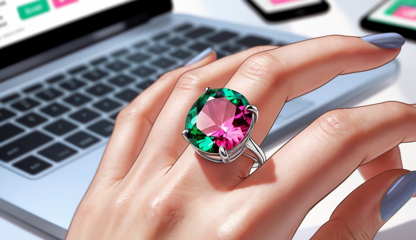 A close-up of a hand wearing a multicolored watermelon tourmaline ring with a laptop and smartphone in the background.