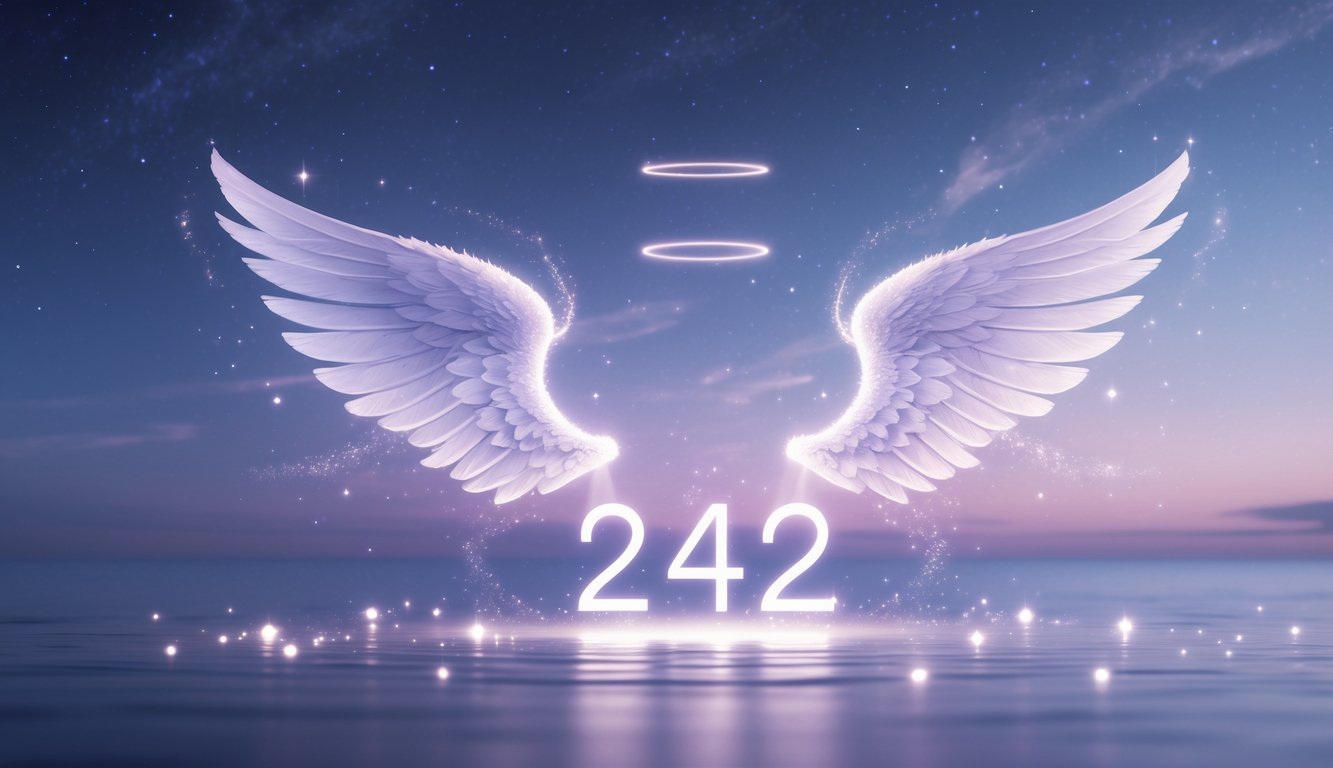 Glowing numbers 242 surrounded by angel wings and soft light against a twilight sky with stars.