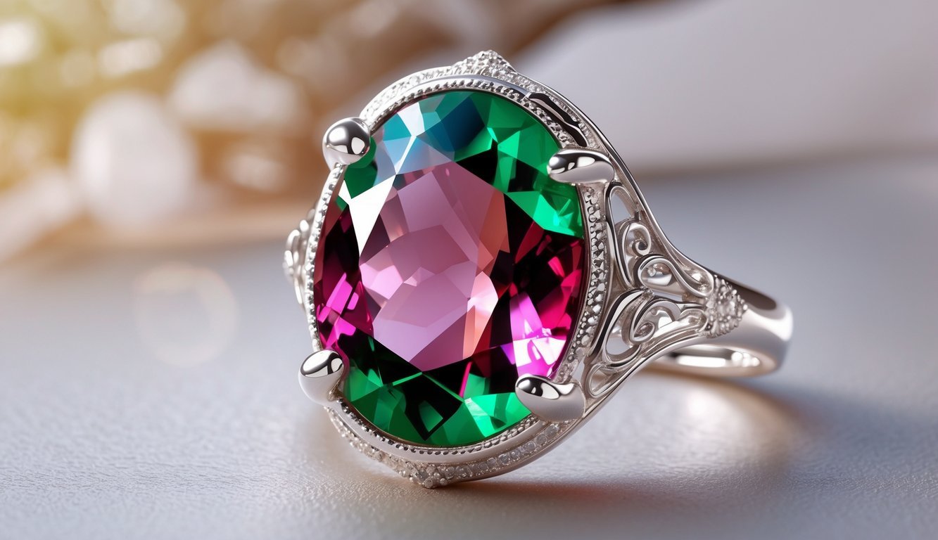 A close-up view of a ring with a watermelon tourmaline gemstone showing pink and green colors set on a silver or white gold band.