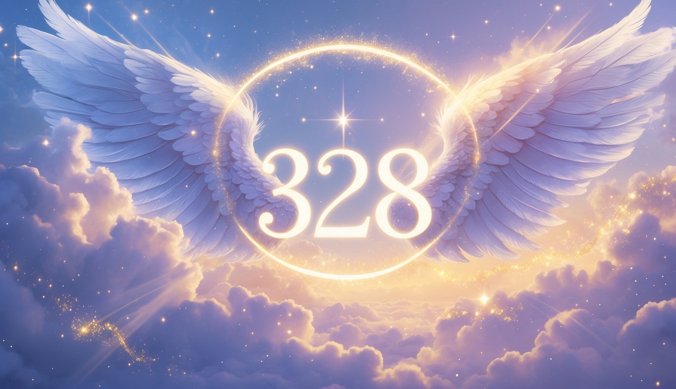 A glowing number 328 surrounded by angel wings and soft light beams in a serene sky with stars and clouds, evoking a sense of spiritual guidance.