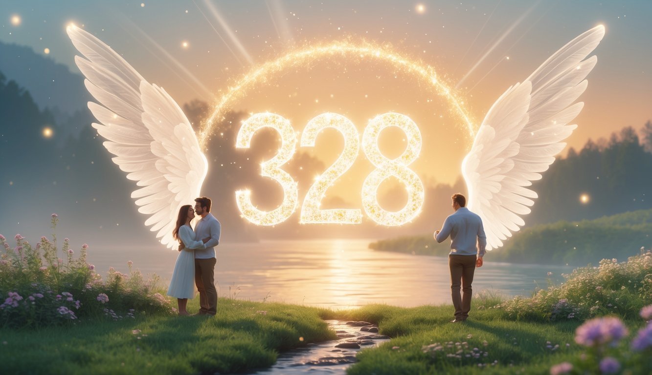 A glowing number 328 floats above a peaceful landscape with a couple holding hands on one side and a person standing confidently on a path toward a bright horizon on the other.