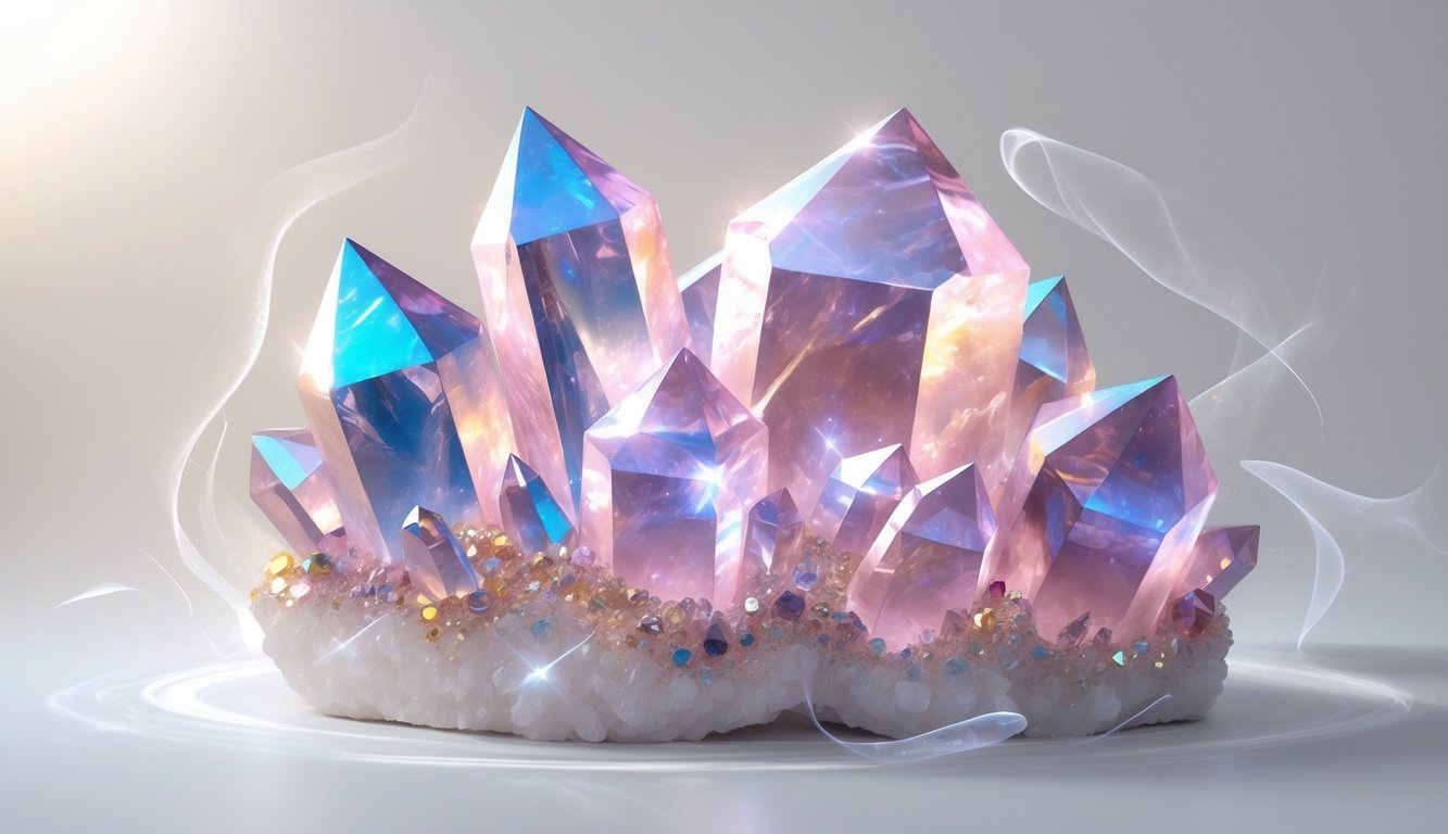 A cluster of pink rose quartz crystals with an iridescent, shimmering surface reflecting blue, purple, and gold hues.