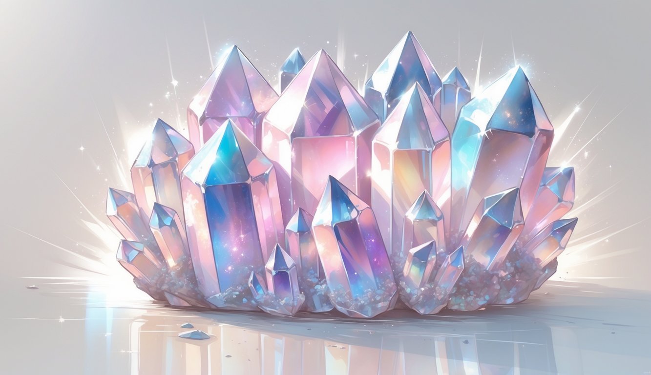 A cluster of pink iridescent angel aura rose quartz crystals glowing softly with light surrounding them.