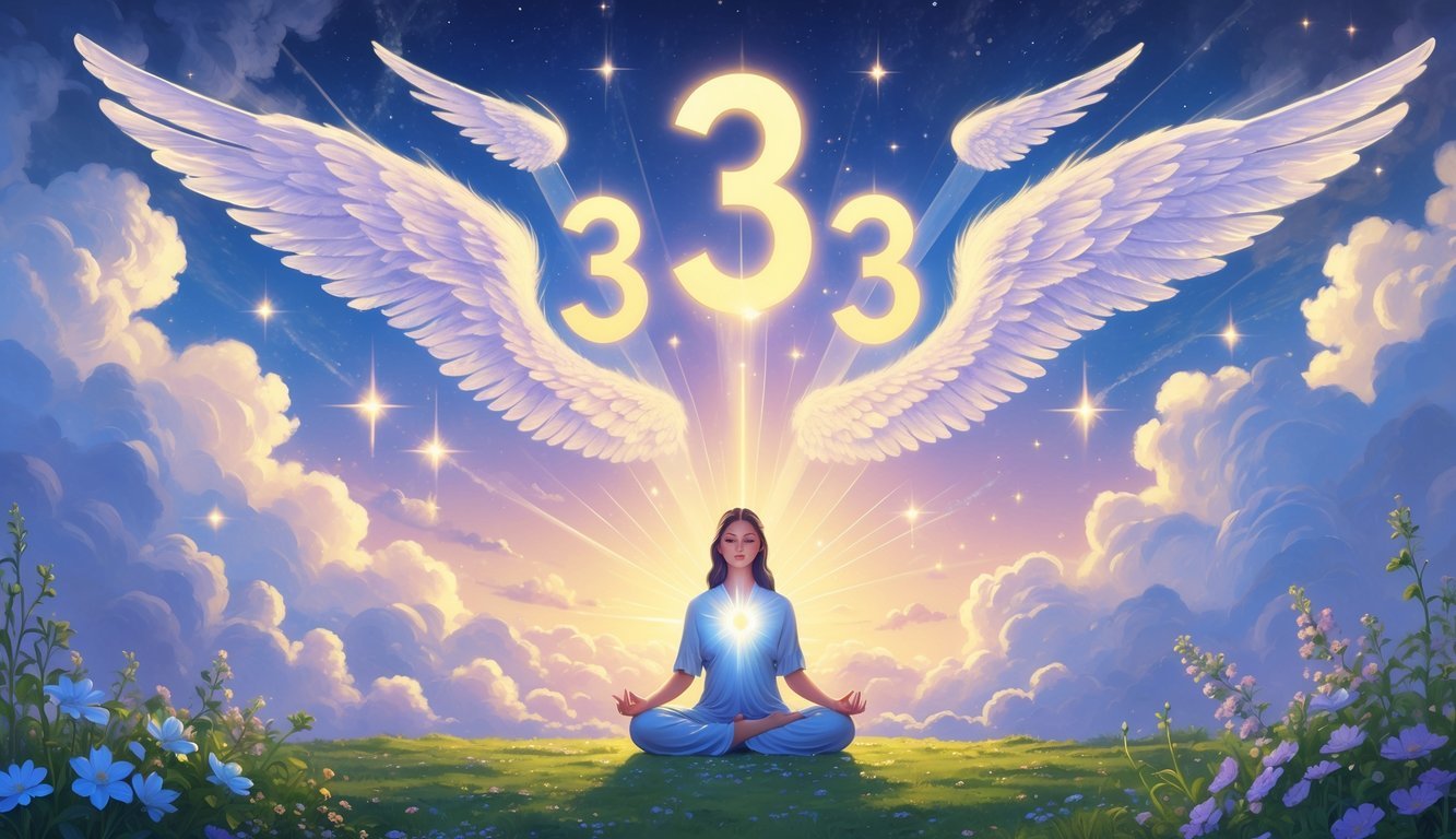A serene figure meditating outdoors under a glowing sky with five luminous number threes surrounded by angelic wings and stars.