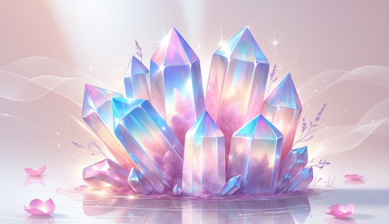 A cluster of glowing angel aura rose quartz crystals surrounded by soft light and delicate rose petals on a pale background.