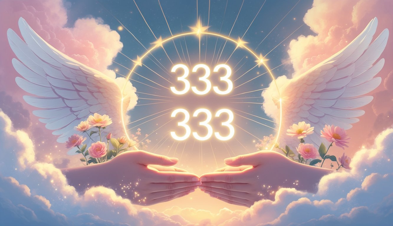 A glowing number 33333 surrounded by angel wings, intertwined hands, and blooming flowers against a soft, cloudy background.