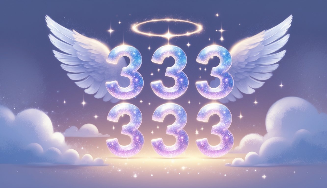 Glowing cluster of five number threes surrounded by soft light, angel wings, and clouds against a calming blue and purple background.