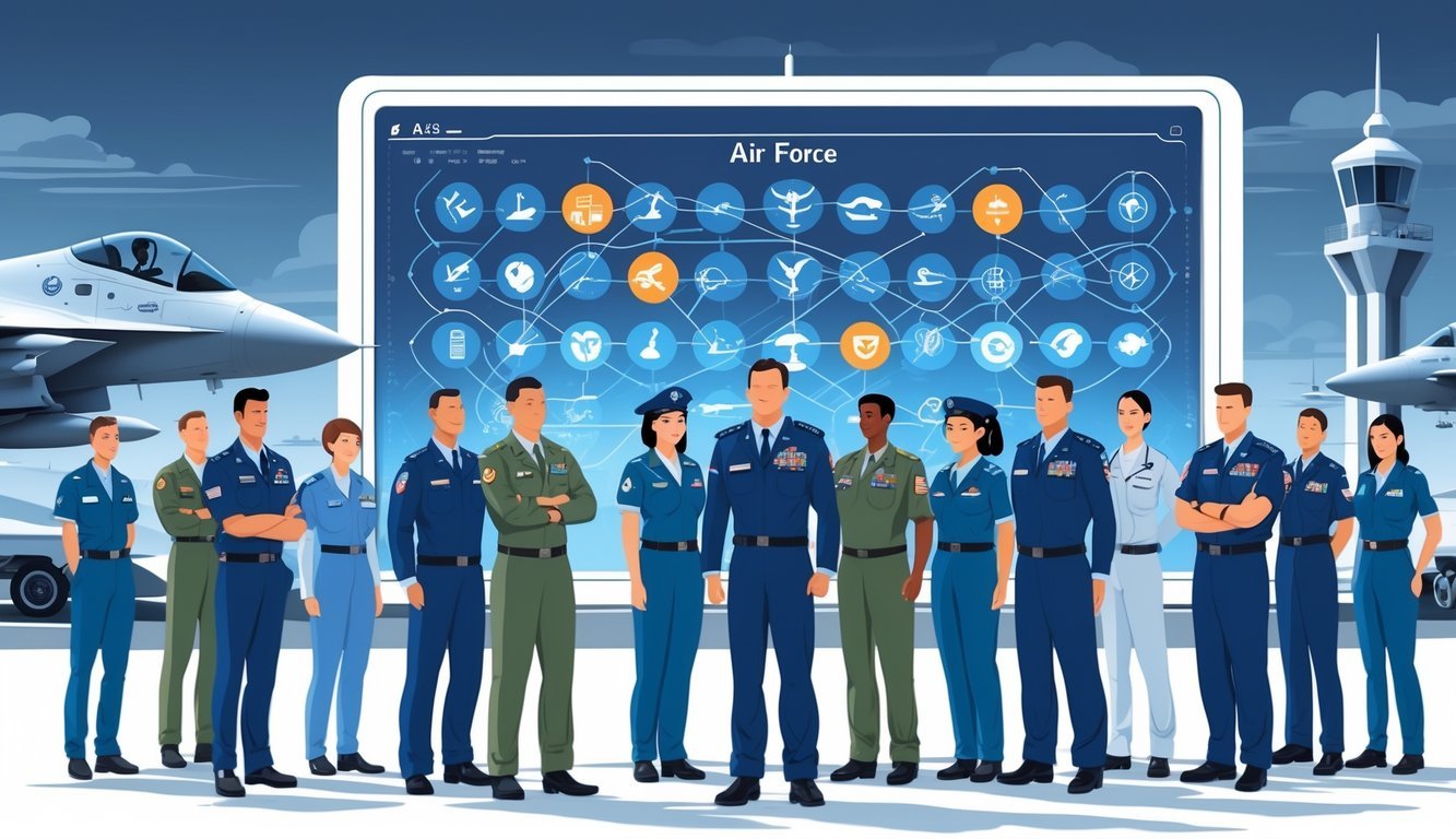 A group of Air Force personnel in various uniforms standing around a digital display showing icons representing different Air Force job specialties, with an Air Force base in the background.