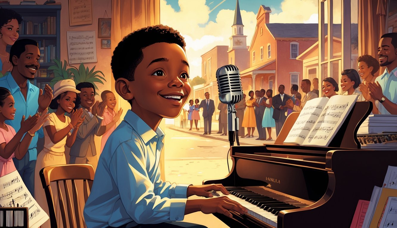 A young African American boy playing piano in a modest room with musical instruments, with a background showing a small crowd and a Southern town street scene.
