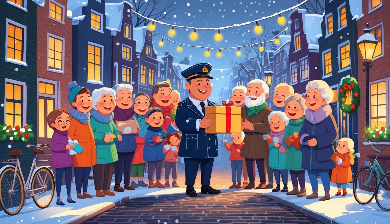A group of Amsterdam neighborhood residents surprise a postman with a large gift during Christmas time on a snowy street.