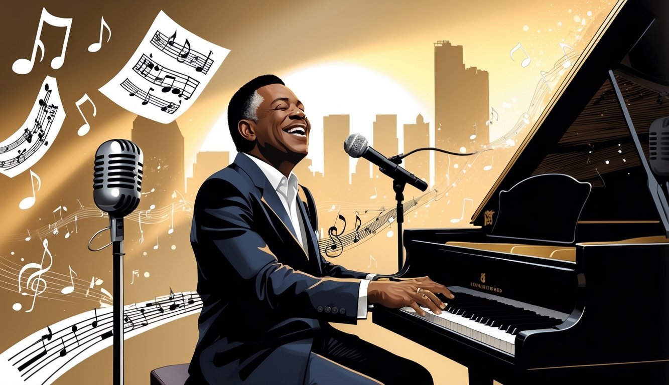 Ray Charles playing piano passionately with musical notes and abstract elements representing his influence surrounding him.