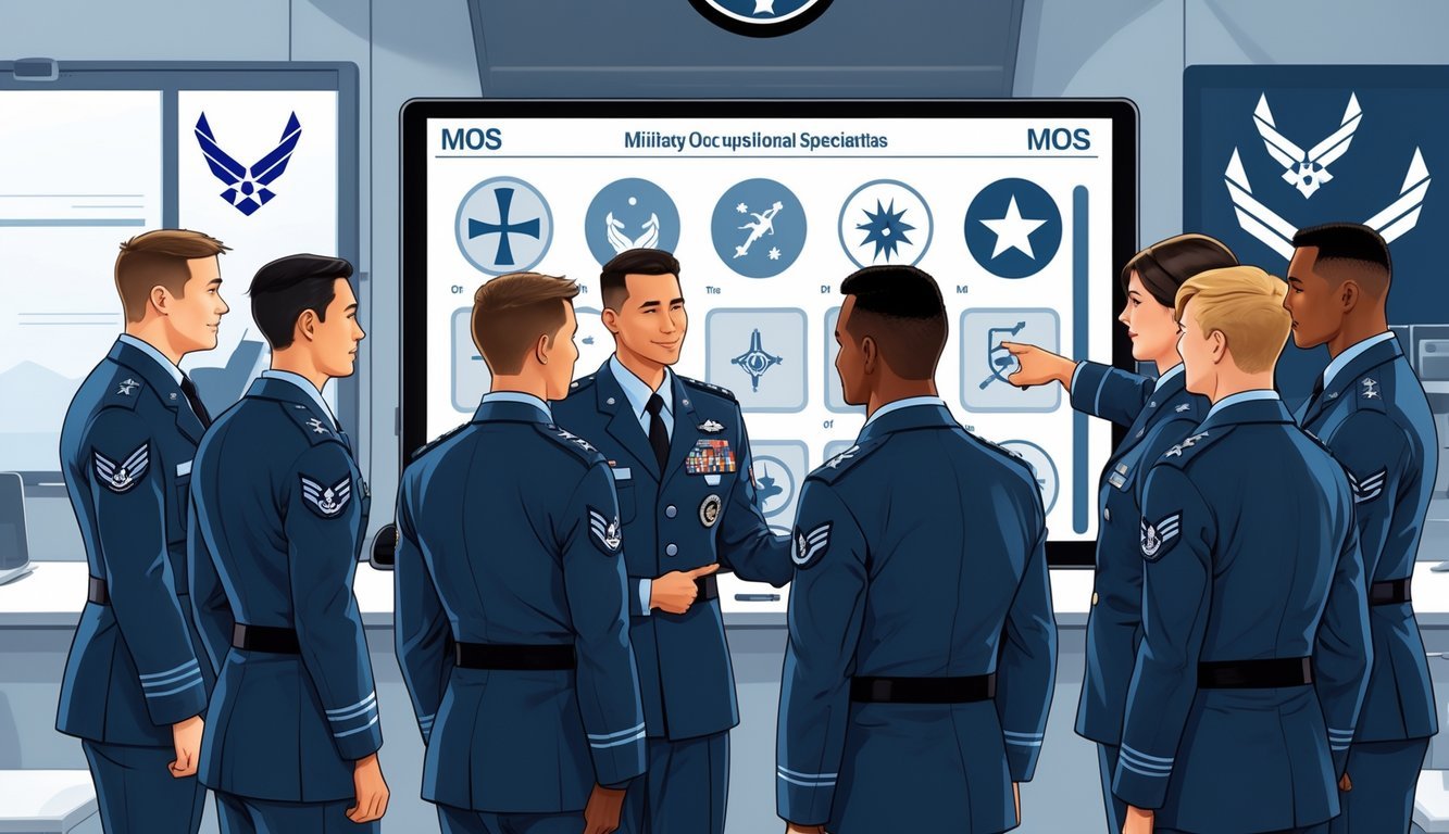 A group of Air Force personnel in uniform gathered around a touchscreen display discussing different job specialties.
