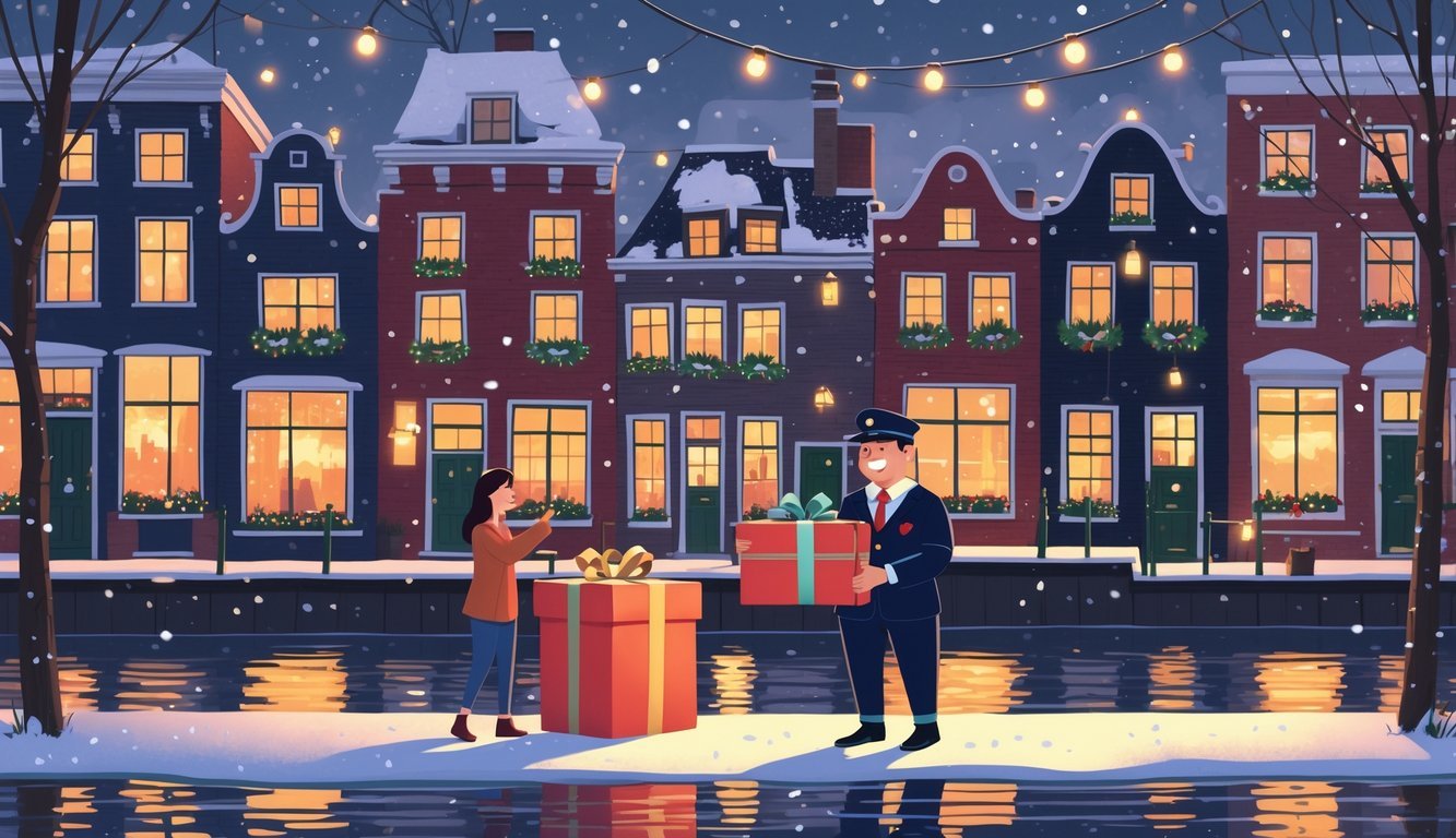 An overworked postman in an Amsterdam neighborhood is happily surprised by community members giving him a large Christmas gift amid festive decorations and gentle snowfall.