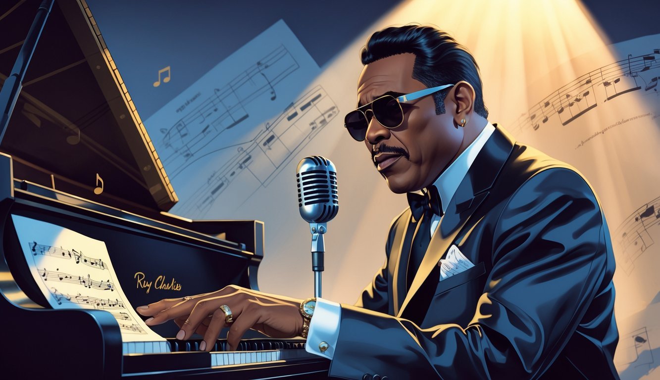 Ray Charles playing piano wearing sunglasses and a suit, surrounded by musical elements.