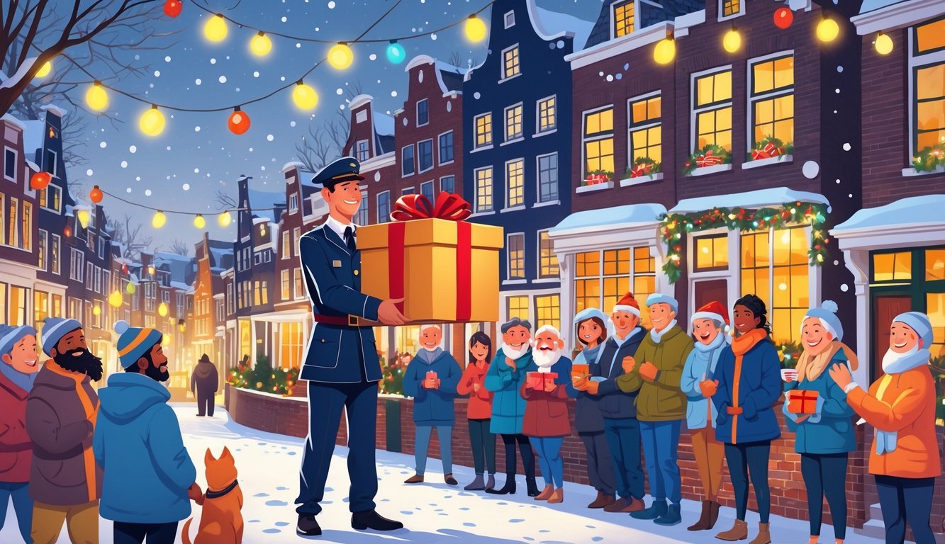 An overworked postman holding a large Christmas gift in a festive Amsterdam neighborhood with smiling neighbors and decorated houses.