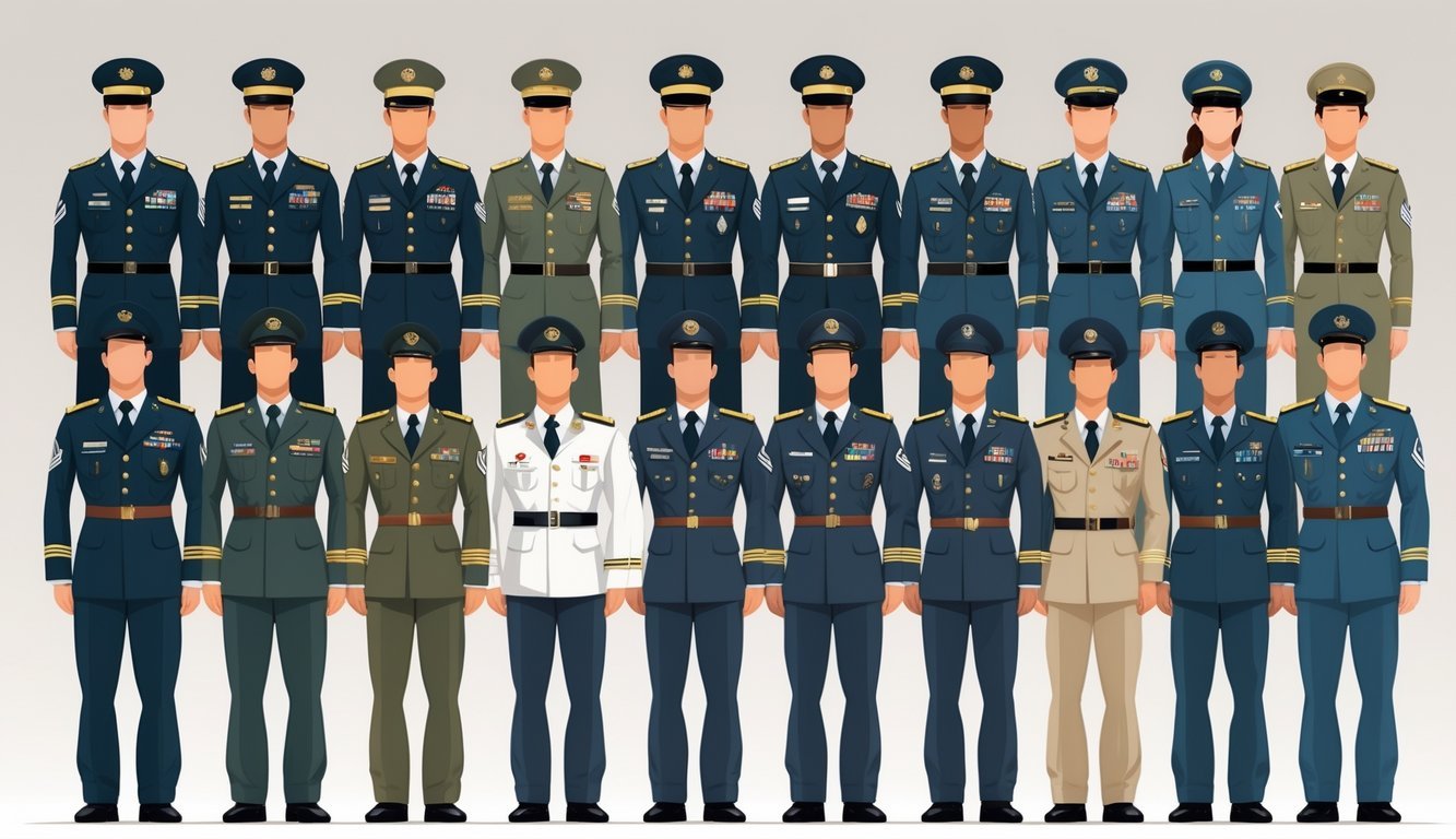 A vertical arrangement of military personnel in different uniforms showing a hierarchy of ranks from lower to higher levels.