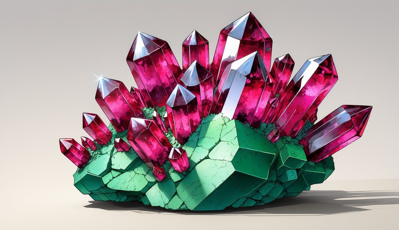A close-up view of a Ruby Fuchsite mineral showing red and green crystal formations.