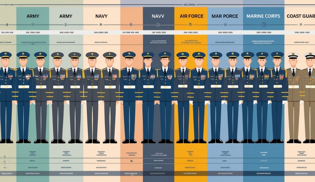 Illustration showing uniformed U.S. military personnel arranged by rank and branch, standing side by side in separate sections for Army, Navy, Air Force, Marine Corps, and Coast Guard.
