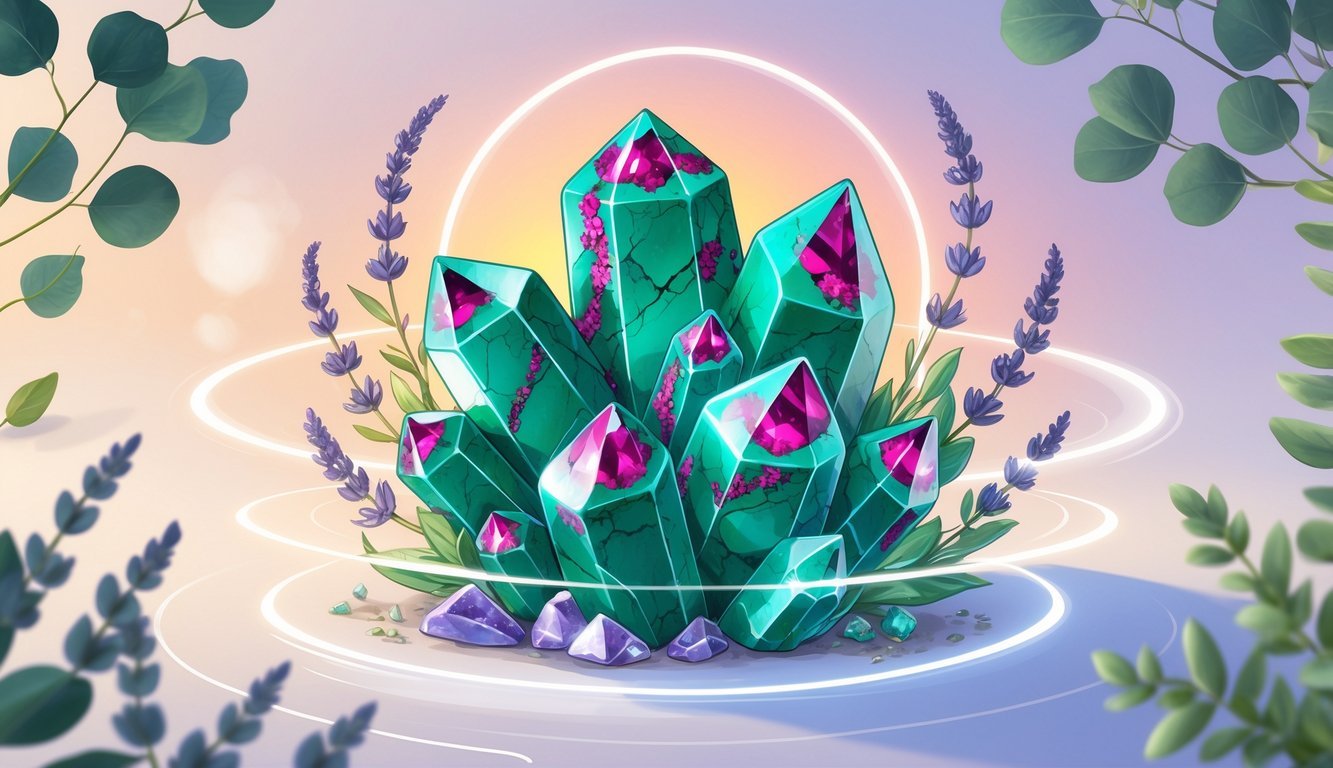 A cluster of green and red ruby fuchsite crystals surrounded by glowing energy waves and natural plants, symbolizing healing and wellness.