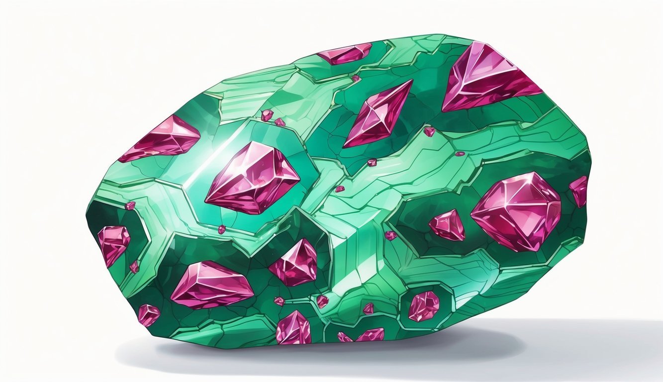 A polished ruby fuchsite mineral with green mica and red ruby crystals displayed on a white background.