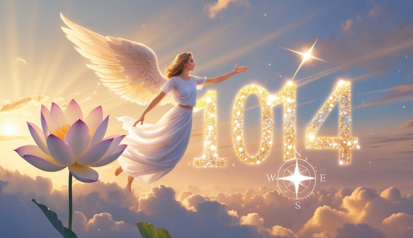 An angel with glowing wings reaches toward a floating glowing number 1014 in a peaceful dawn sky, surrounded by a lotus flower, a compass, and soft rays of light breaking through clouds.