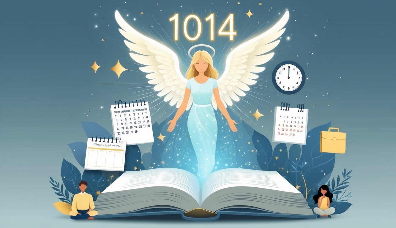 An angelic figure glowing softly above an open book with the number 1014 in the background, surrounded by symbols of daily life like a calendar, clock, meditating person, house, and briefcase.