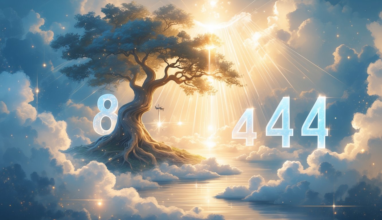 A glowing celestial scene with the numbers 8, 4, and 4 subtly formed by clouds and light, surrounded by a large tree, flowing water, and a compass under a soft, radiant sky.