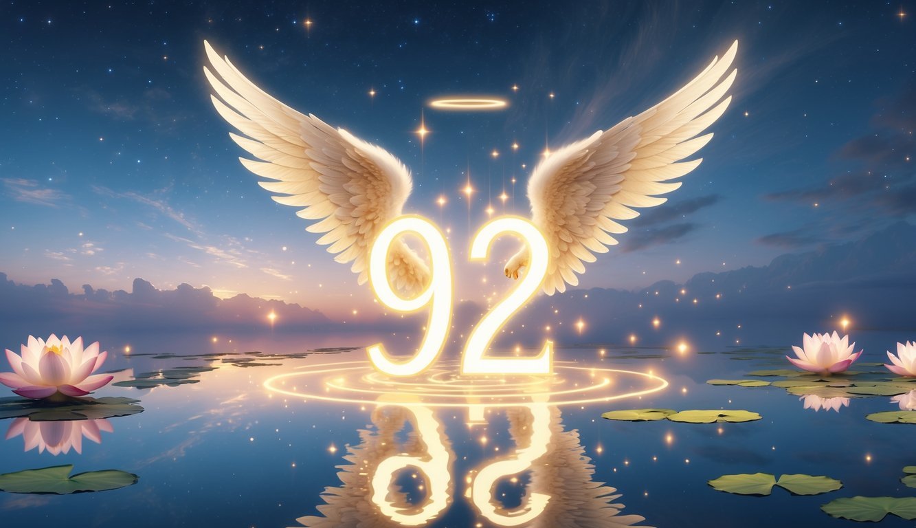 A glowing number 922 floating above calm water, surrounded by angel wings, lotus flowers, and soft light in a peaceful twilight sky.