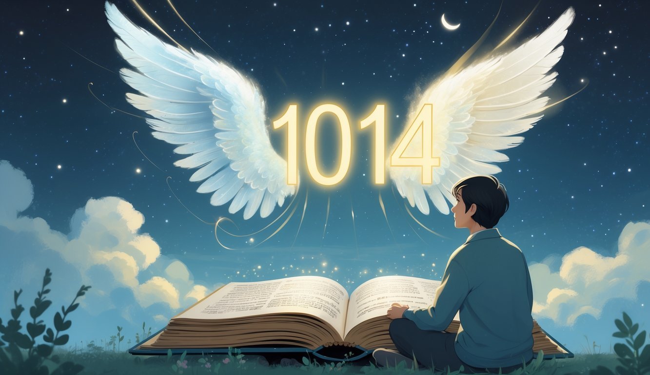 A person sitting and looking thoughtfully at a glowing number 1014 floating above an open book, surrounded by angel wings and soft light under a starry night sky.
