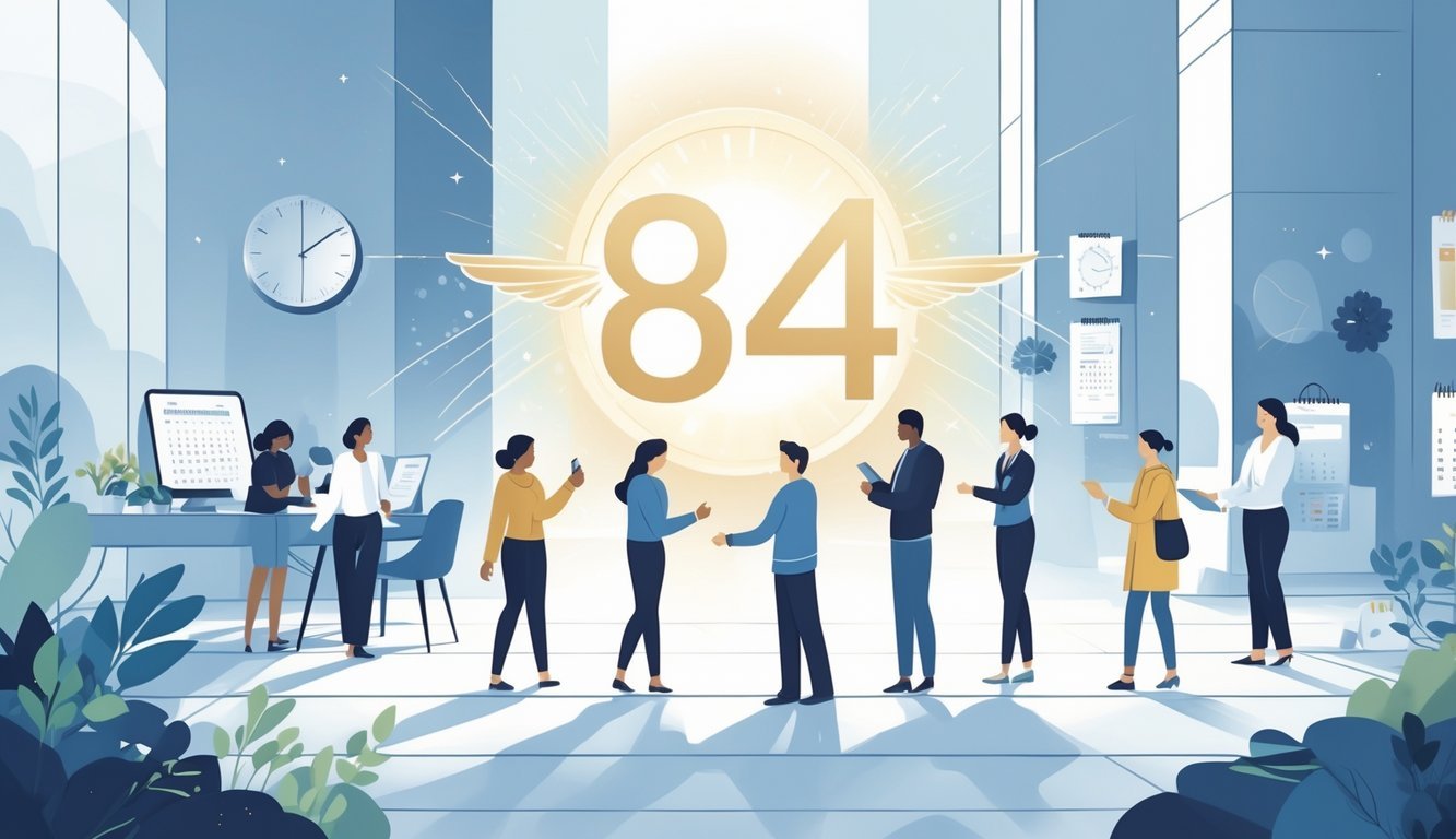 People in a modern city interacting and helping each other with a glowing, ethereal number floating above them, symbolizing guidance and positive influence.