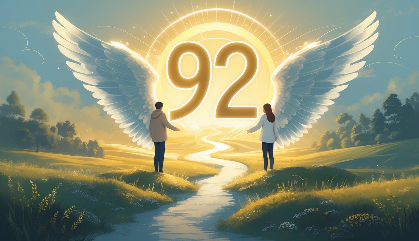 Two people standing on a winding path in a glowing natural landscape with angelic wings surrounding them, symbolizing guidance, relationships, and personal growth.
