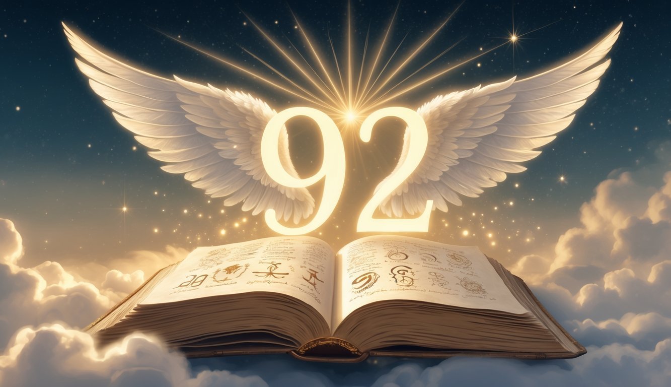 A glowing angel number 922 floating above an open ancient book with spiritual symbols, surrounded by soft light, angel wings, and a starry sky.
