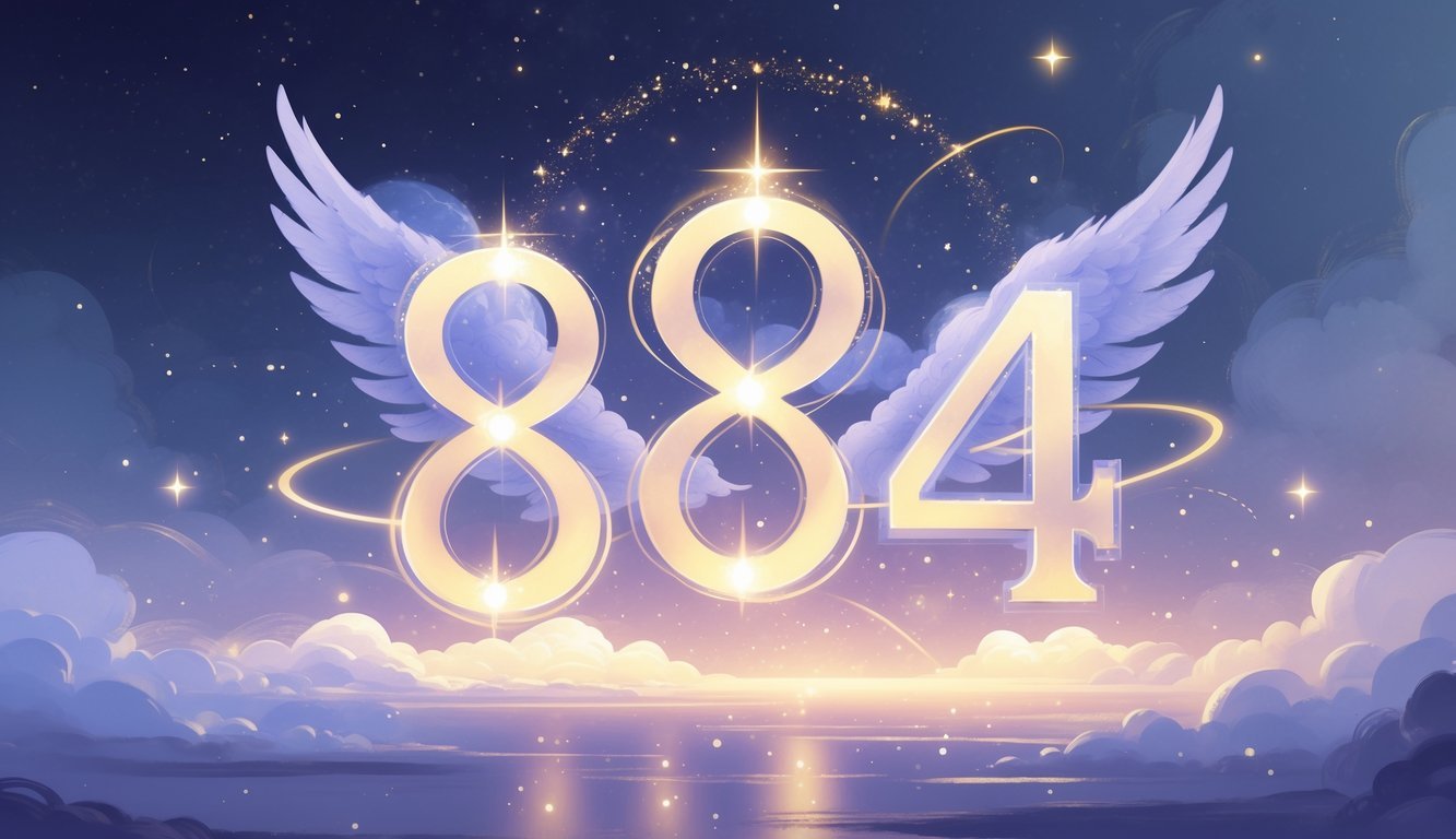 A glowing representation of the numbers 8, 4, and 4 floating in a calm cosmic scene with stars and soft light.