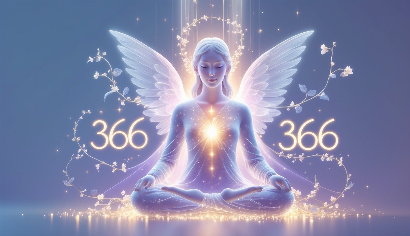 A glowing figure surrounded by floating numbers 3636 and soft light, symbolizing spiritual healing and energy.