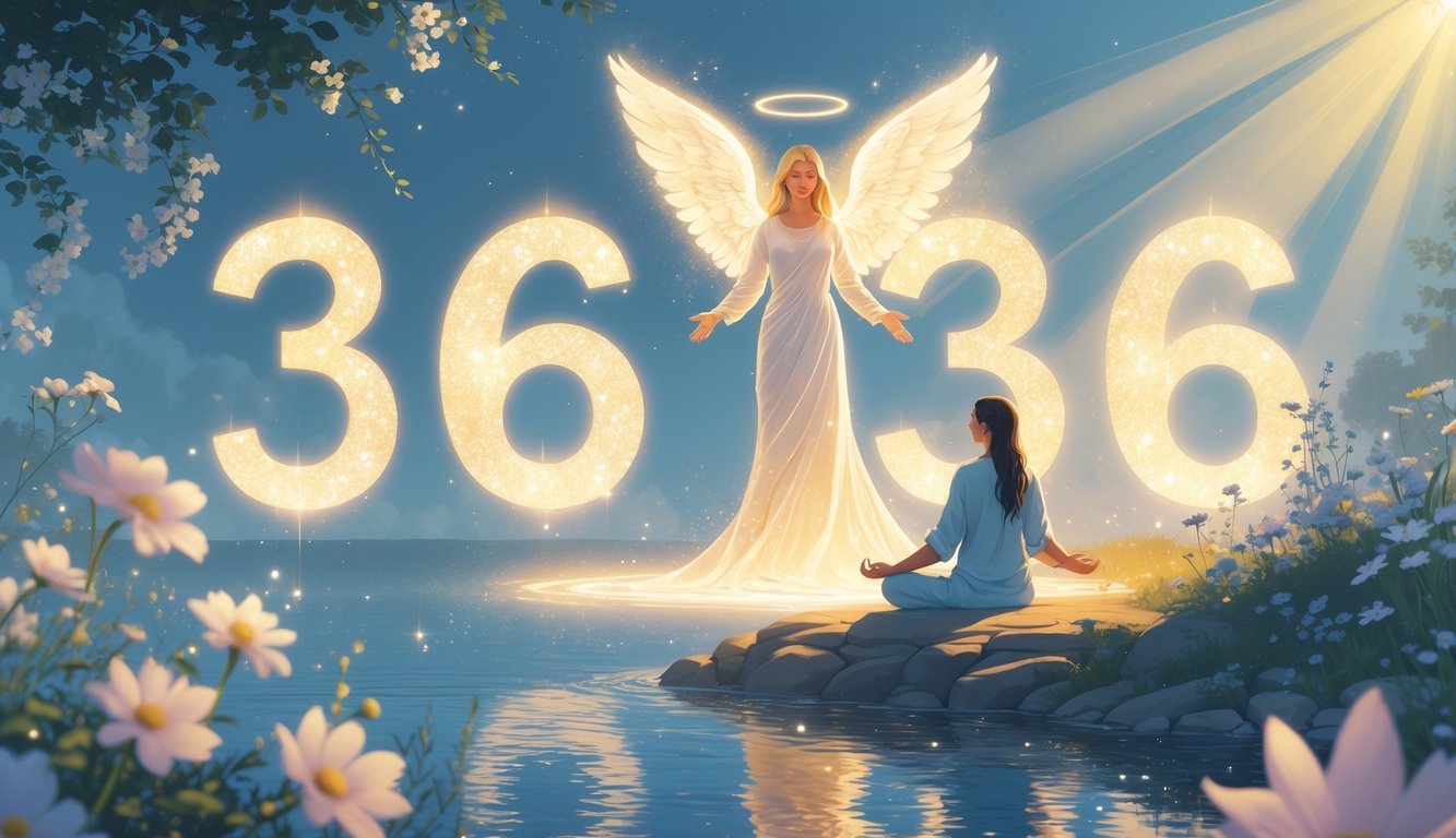 A glowing angelic figure hovering above a meditating person surrounded by soft light and natural elements symbolizing healing and transformation.