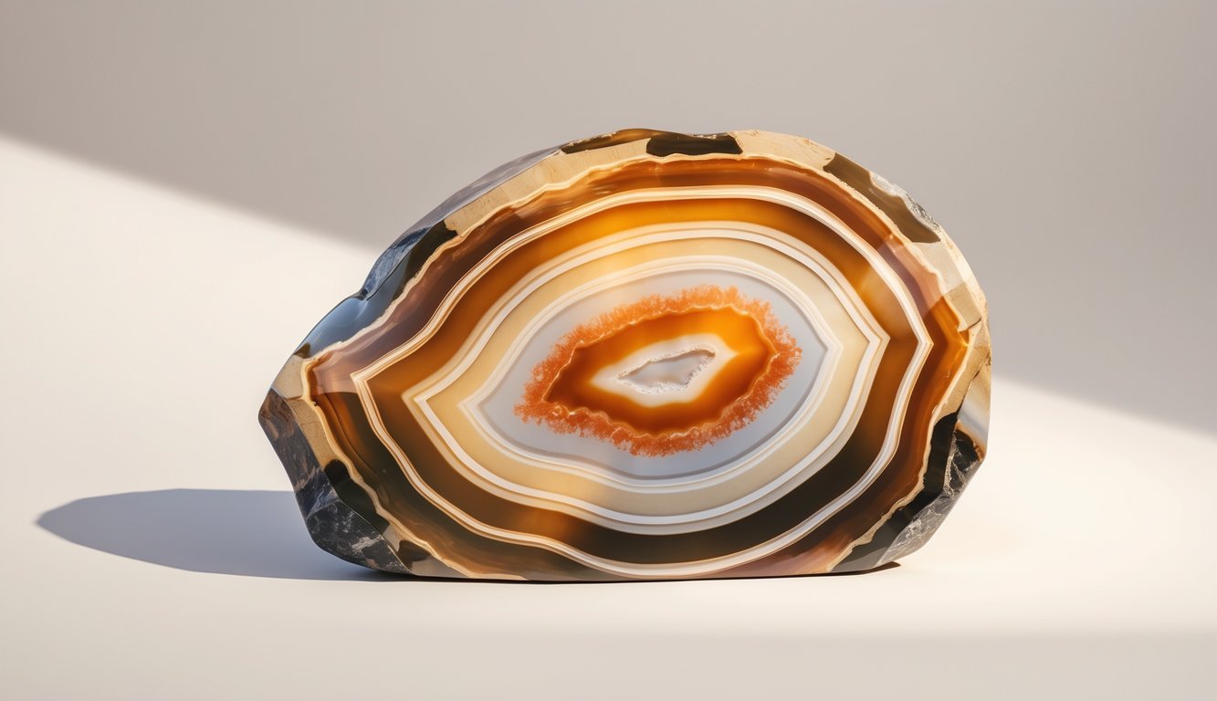 A polished slice of banded agate showing layered concentric bands in various earthy colors on a plain background.